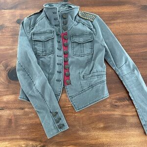 Free People Military-Style Jacket in Washed Gray with Red Trim